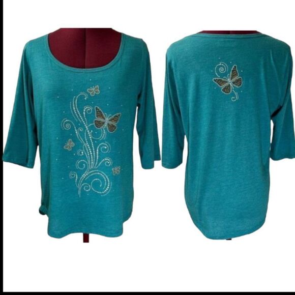 Cactus Bay Apparel Tops - Cactus Bay Apparel Teal Scoop Neck Butterflies Embellished Tee Size Medium NWOT